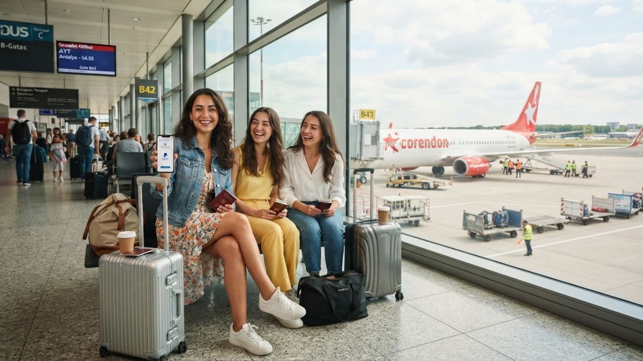 Passenger using smartphone digital wallet to book holiday flights on aircraft tray table