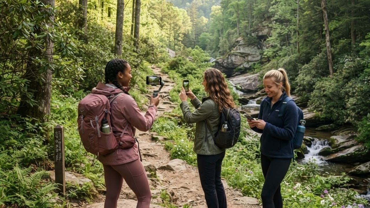 Hiker with backpack pausing along a scenic forested mountain trail beside a flowing river