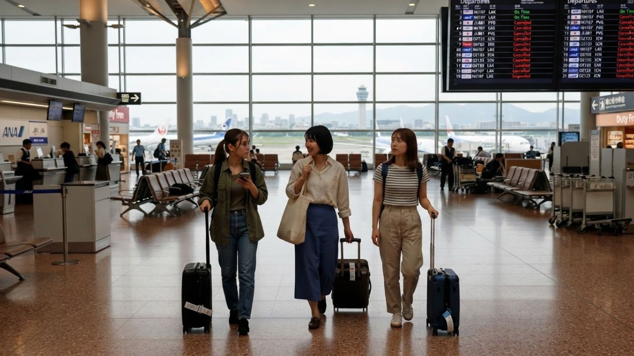 Departures board displaying cancelled flights alongside a quiet airport gate corridor in a Japanese international terminal.