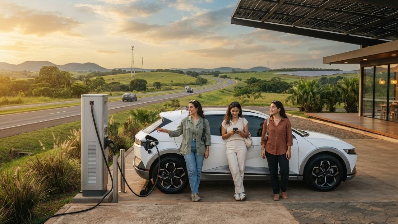 Modern electric vehicle charging beneath solar canopy at highway service plaza with green Paraguayan hills in background