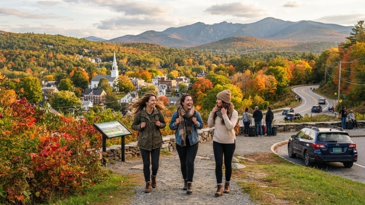 Golden autumn foliage framing a serene European hillside village bathed in warm afternoon sunlight.