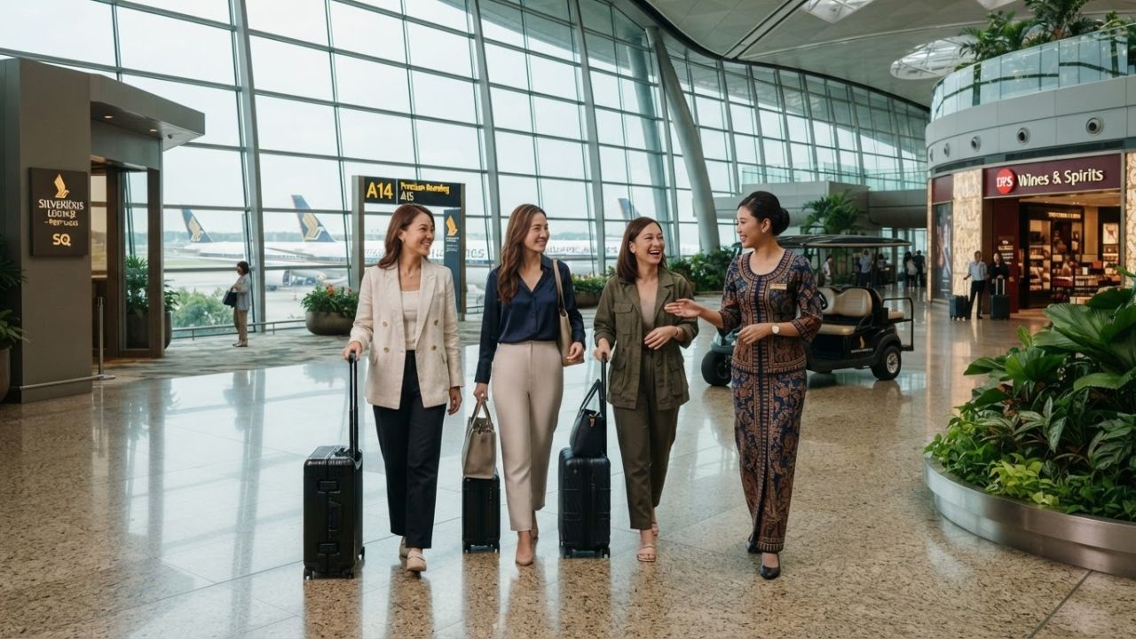 First-class passenger being escorted by a dedicated concierge through Singapore Changi Airport near the SilverKris Lounge.