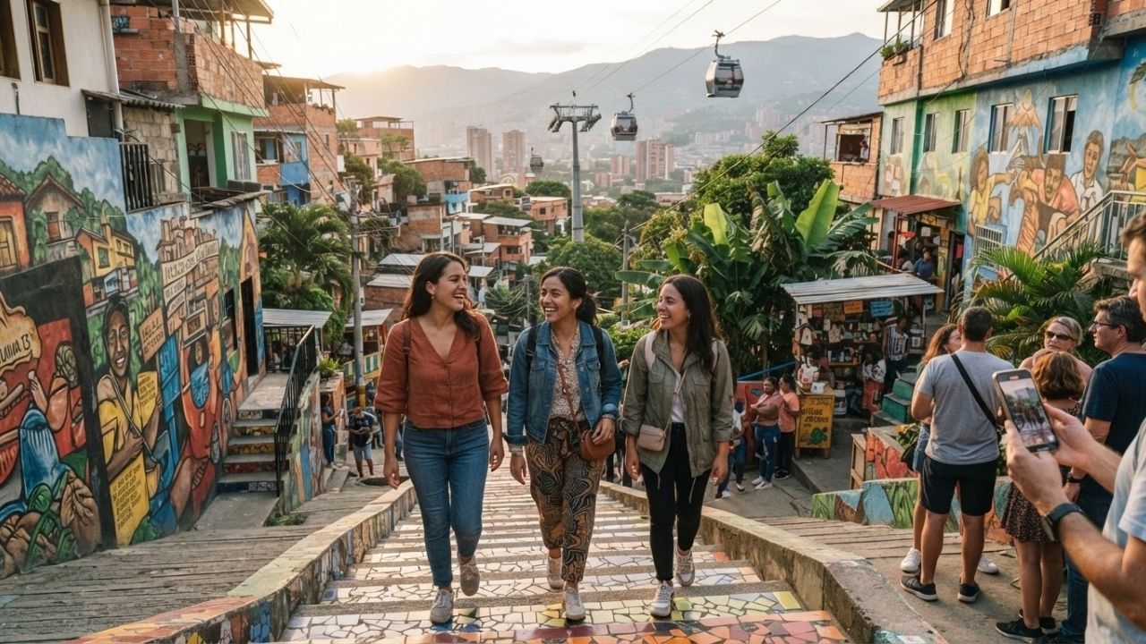 Colorful hillside houses and outdoor electric escalators in Comuna 13, Medellín, Colombia under a clear sky.