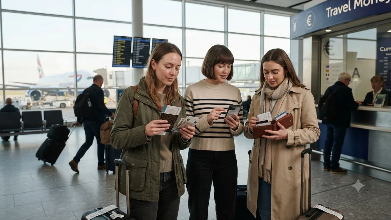 Traveler holding British pounds and euro currency at an airport departure terminal currency exchange kiosk