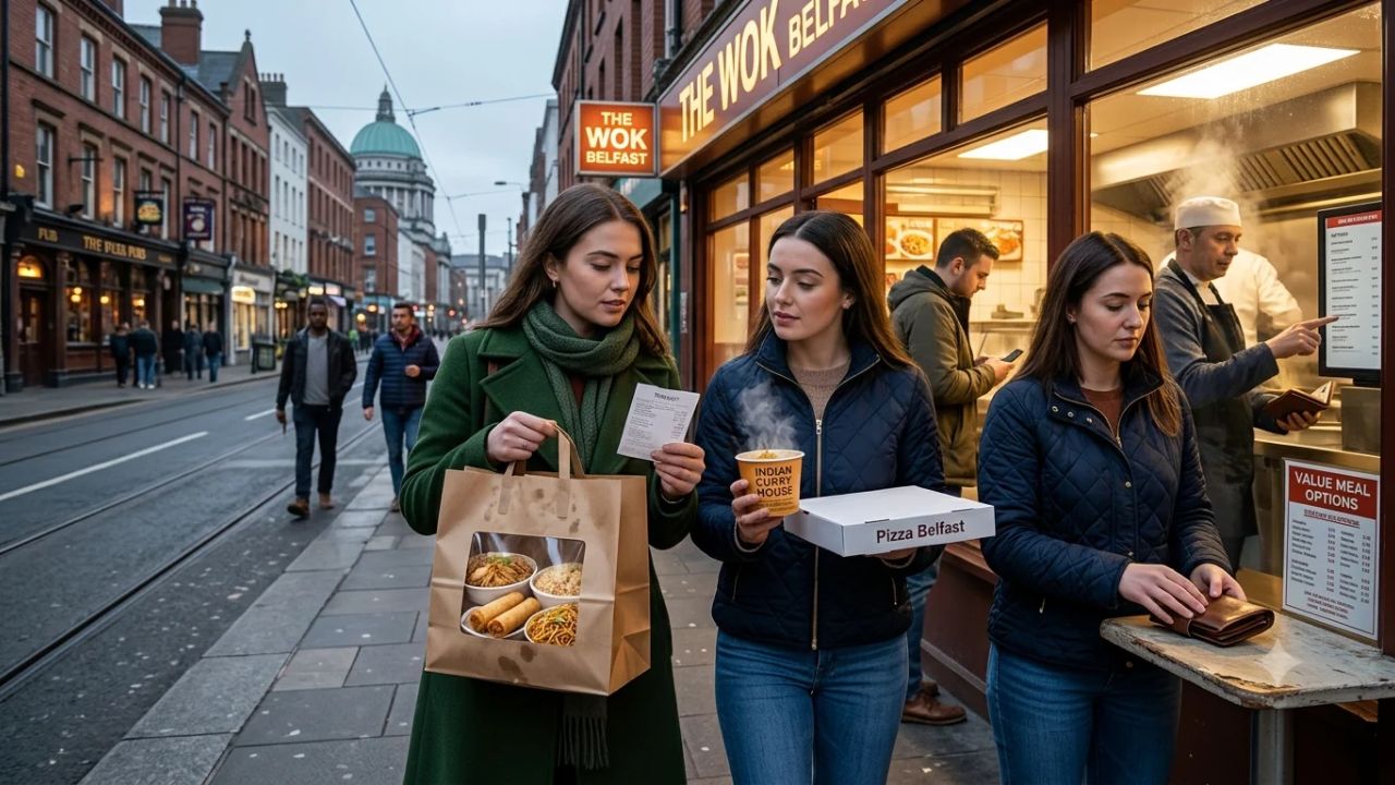 Evening street in Belfast with illuminated restaurant fronts and food delivery couriers