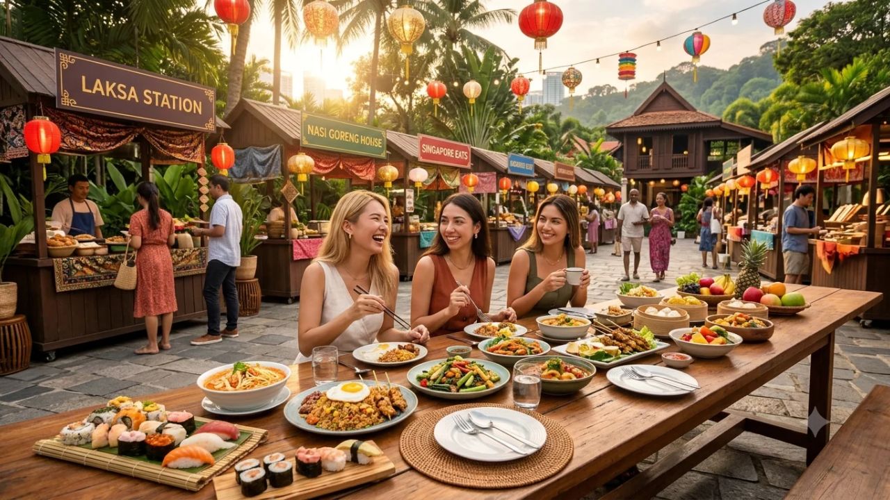 Vibrant Asian open-air food market with chefs preparing traditional regional dishes in woks surrounded by colorful fresh ingredients