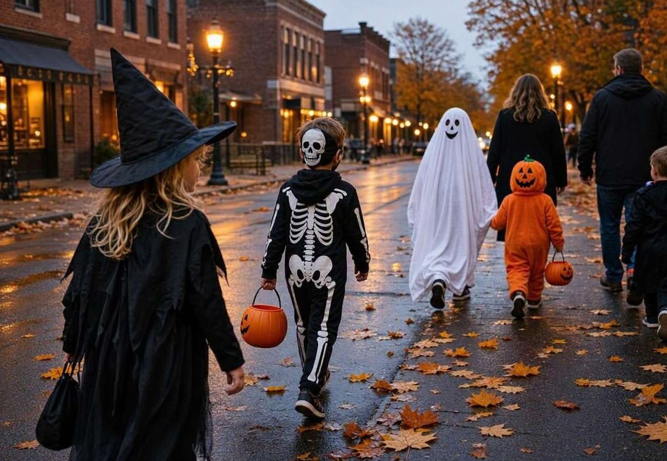 Autumnal street scene in Anoka Minnesota during Halloween celebrations