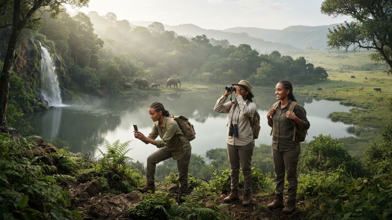 A scenic view of a volcanic crater lake nestled in the lush green highlands of southwestern Ethiopia.