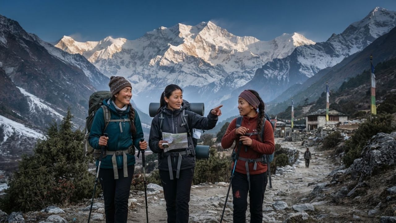 A scenic view of the majestic Mt. Kanchenjunga and surrounding high alpine ridges under a blue sky.