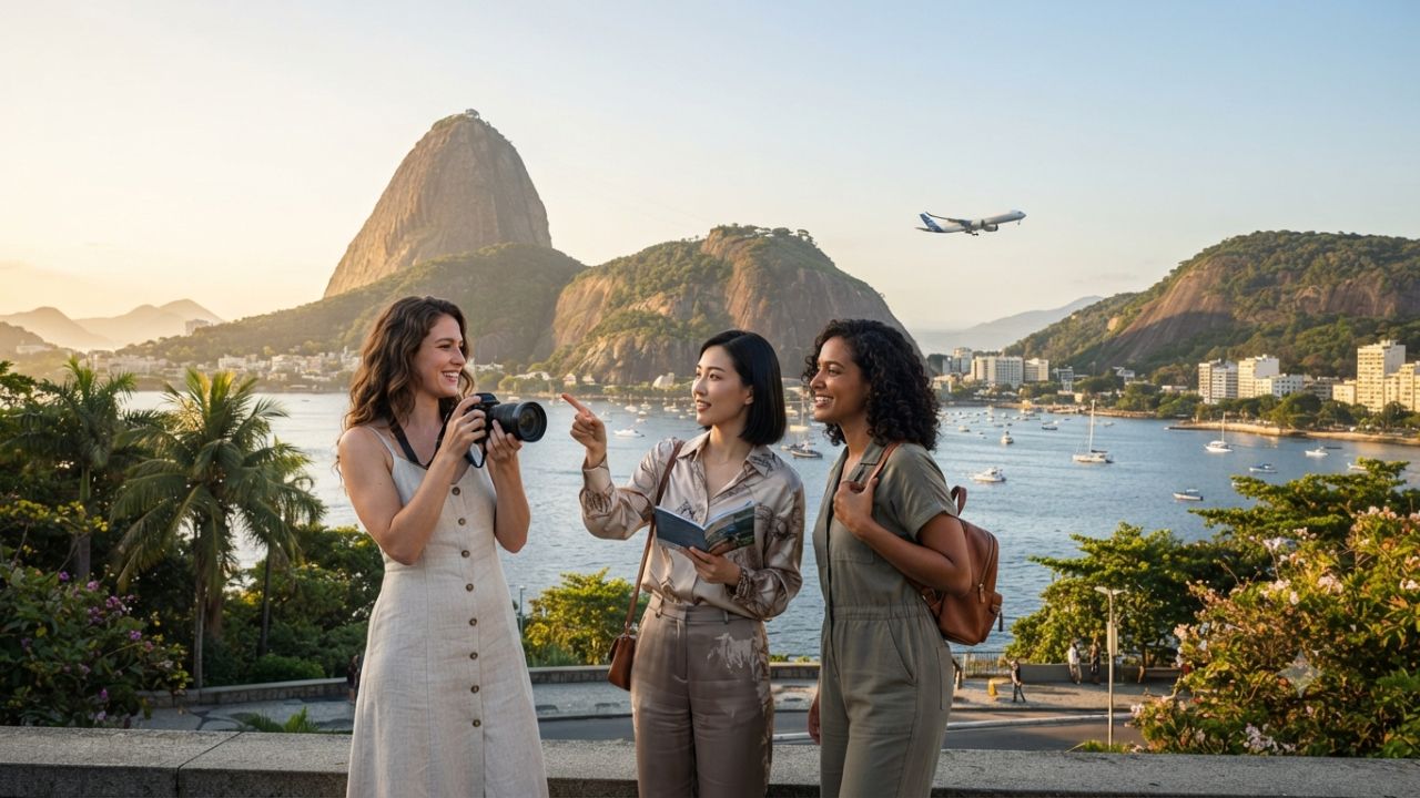 Aerial view of Rio de Janeiro coastline with Sugarloaf Mountain and Copacabana Beach in Brazil