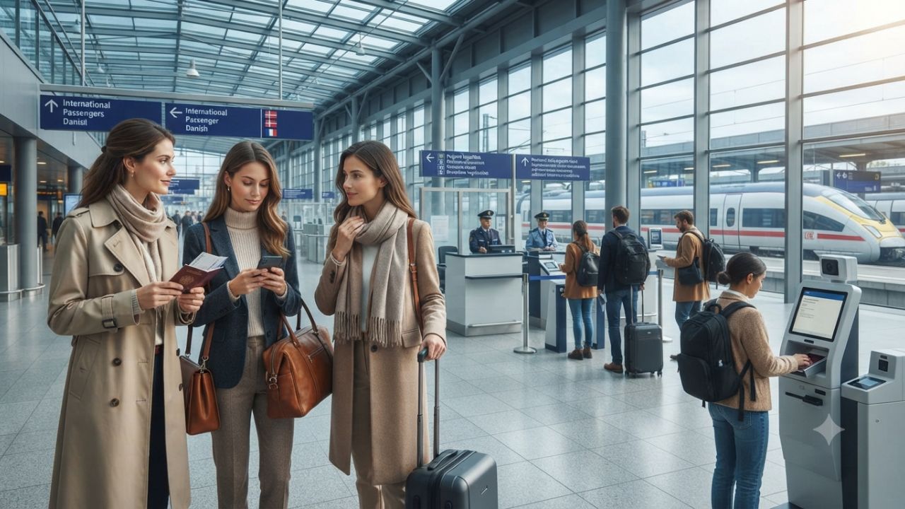 Modern automated EU Entry/Exit System biometric kiosk at a major European international airport terminal
