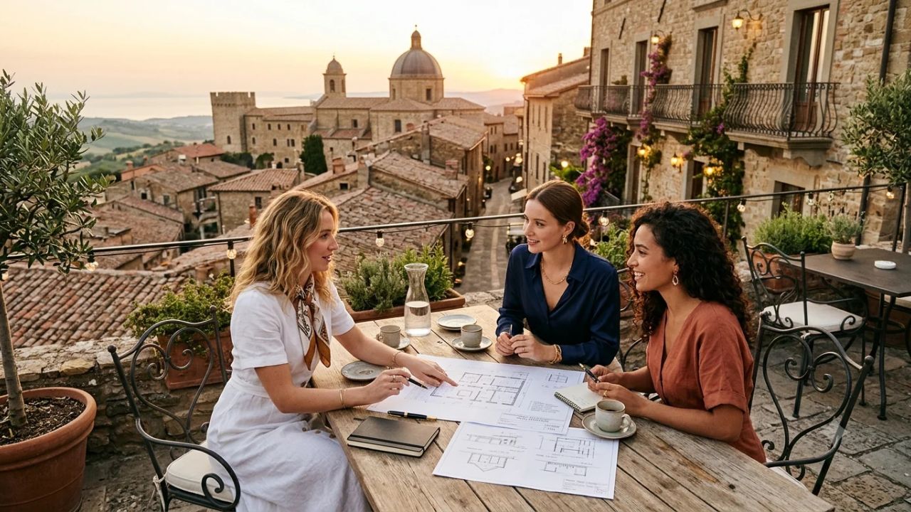 Panoramic view of an Italian historic town and vineyard estate undergoing sustainable heritage restoration funded by investment migration