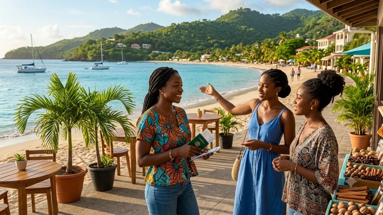Scenic view of St. George's harbour in Grenada with pastel colonial buildings, turquoise Caribbean water, and tropical hillsides