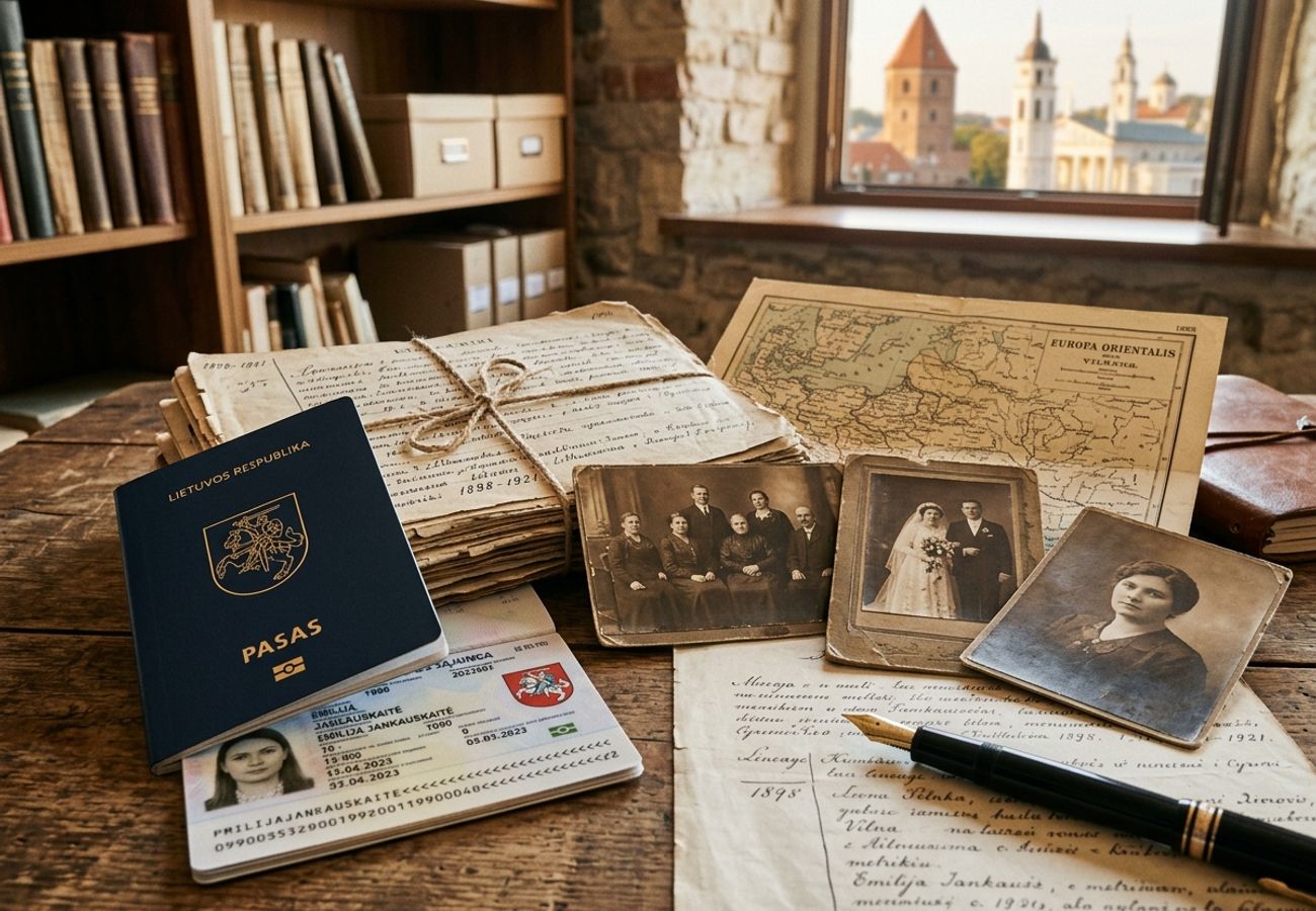 Lithuanian biometric passport displayed alongside historical interwar ancestry documents and family photographs