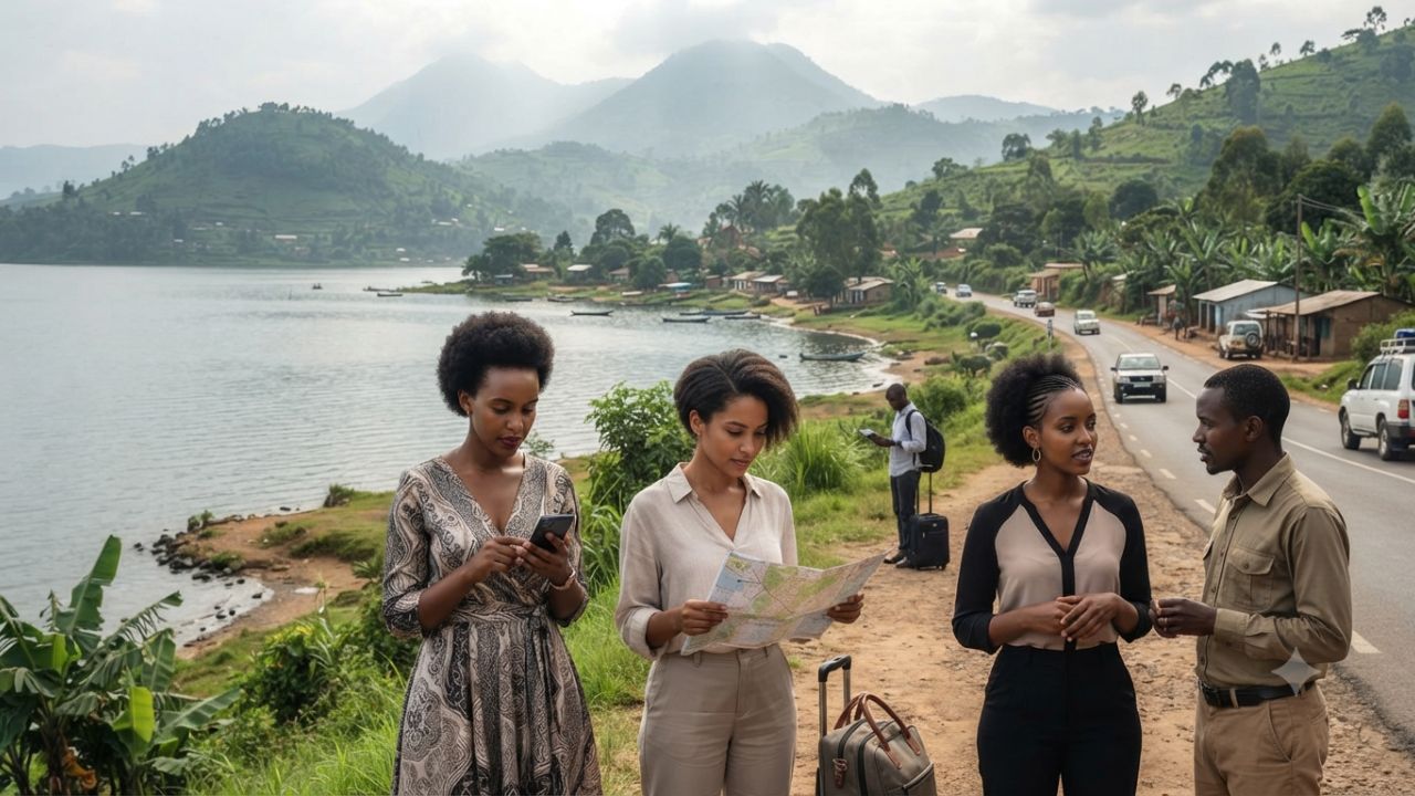 Rwandan border post landscape near Gisenyi and Rubavu District with security signage