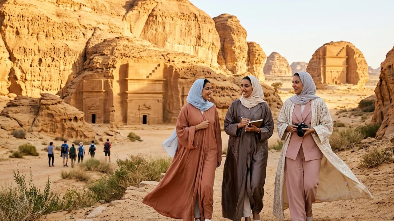 Panoramic view of the monumental rock-carved tomb of Qasr Al Farid in Hegra surrounded by golden desert sands under a clear sky in AlUla, Saudi Arabia